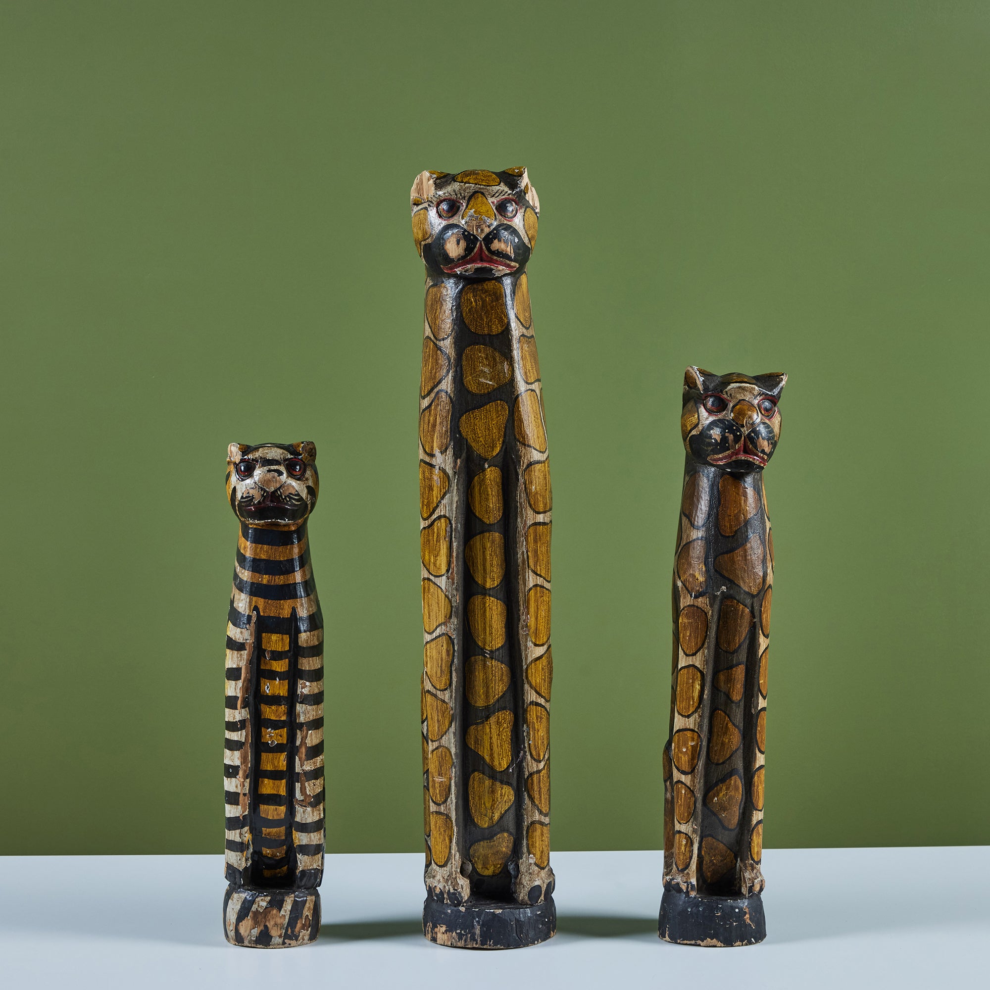 Folk Art Hand Carved and Painted Wooden Cat Statues