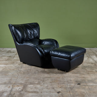 Postmodern Black Leather Swivel Lounge Chair & Ottoman