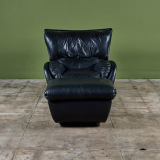 Postmodern Black Leather Swivel Lounge Chair & Ottoman