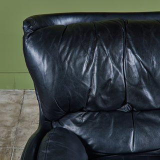 Postmodern Black Leather Swivel Lounge Chair & Ottoman