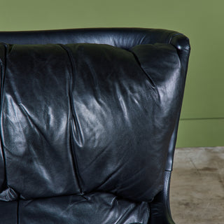 Postmodern Black Leather Swivel Lounge Chair & Ottoman