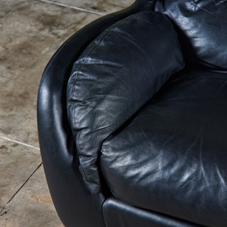 Postmodern Black Leather Swivel Lounge Chair & Ottoman