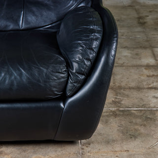 Postmodern Black Leather Swivel Lounge Chair & Ottoman