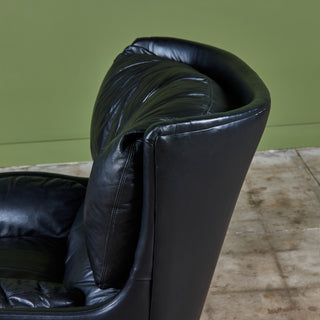 Postmodern Black Leather Swivel Lounge Chair & Ottoman