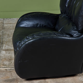 Postmodern Black Leather Swivel Lounge Chair & Ottoman