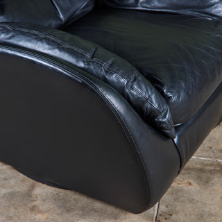 Postmodern Black Leather Swivel Lounge Chair & Ottoman
