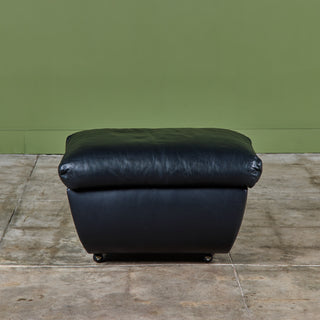 Postmodern Black Leather Swivel Lounge Chair & Ottoman