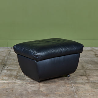 Postmodern Black Leather Swivel Lounge Chair & Ottoman