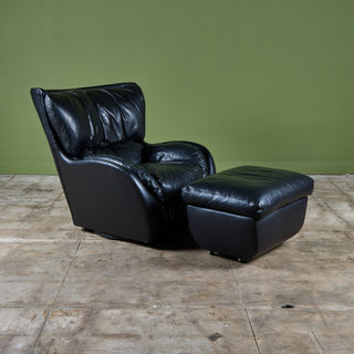 Postmodern Black Leather Swivel Lounge Chair & Ottoman