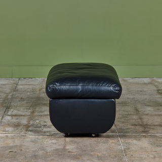 Postmodern Black Leather Swivel Lounge Chair & Ottoman