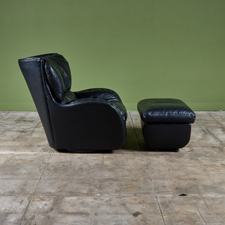 Postmodern Black Leather Swivel Lounge Chair & Ottoman
