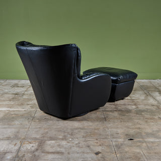 Postmodern Black Leather Swivel Lounge Chair & Ottoman