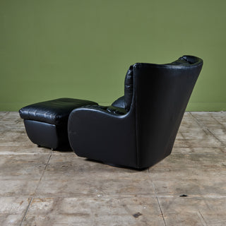 Postmodern Black Leather Swivel Lounge Chair & Ottoman