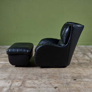 Postmodern Black Leather Swivel Lounge Chair & Ottoman