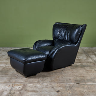 Postmodern Black Leather Swivel Lounge Chair & Ottoman