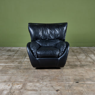 Postmodern Black Leather Swivel Lounge Chair & Ottoman
