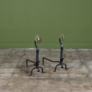 Pair of Antique Arts & Crafts Wrought Iron and Brass Medallion Andirons
