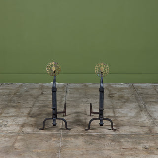 Pair of Antique Arts & Crafts Wrought Iron and Brass Medallion Andirons
