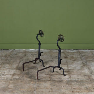 Pair of Antique Arts & Crafts Wrought Iron and Brass Medallion Andirons