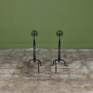 Pair of Antique Arts & Crafts Wrought Iron and Brass Medallion Andirons