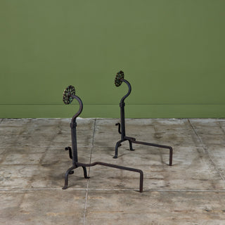 Pair of Antique Arts & Crafts Wrought Iron and Brass Medallion Andirons