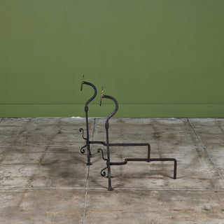 Pair of Antique Arts & Crafts Wrought Iron and Brass Medallion Andirons