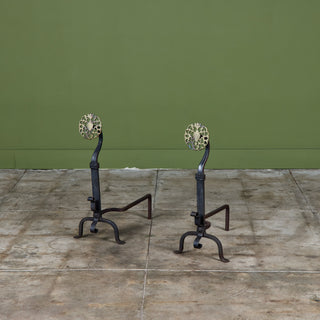 Pair of Antique Arts & Crafts Wrought Iron and Brass Medallion Andirons