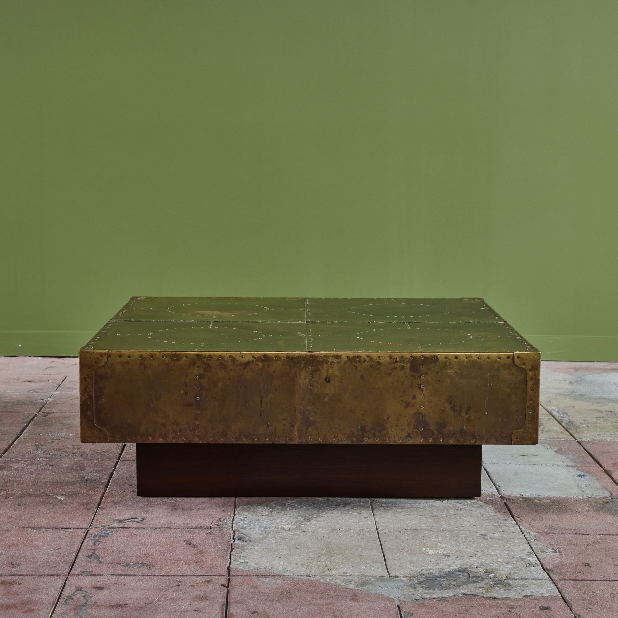 ON HOLD ** Brass Clad Coffee Table on Wood Plinth Base