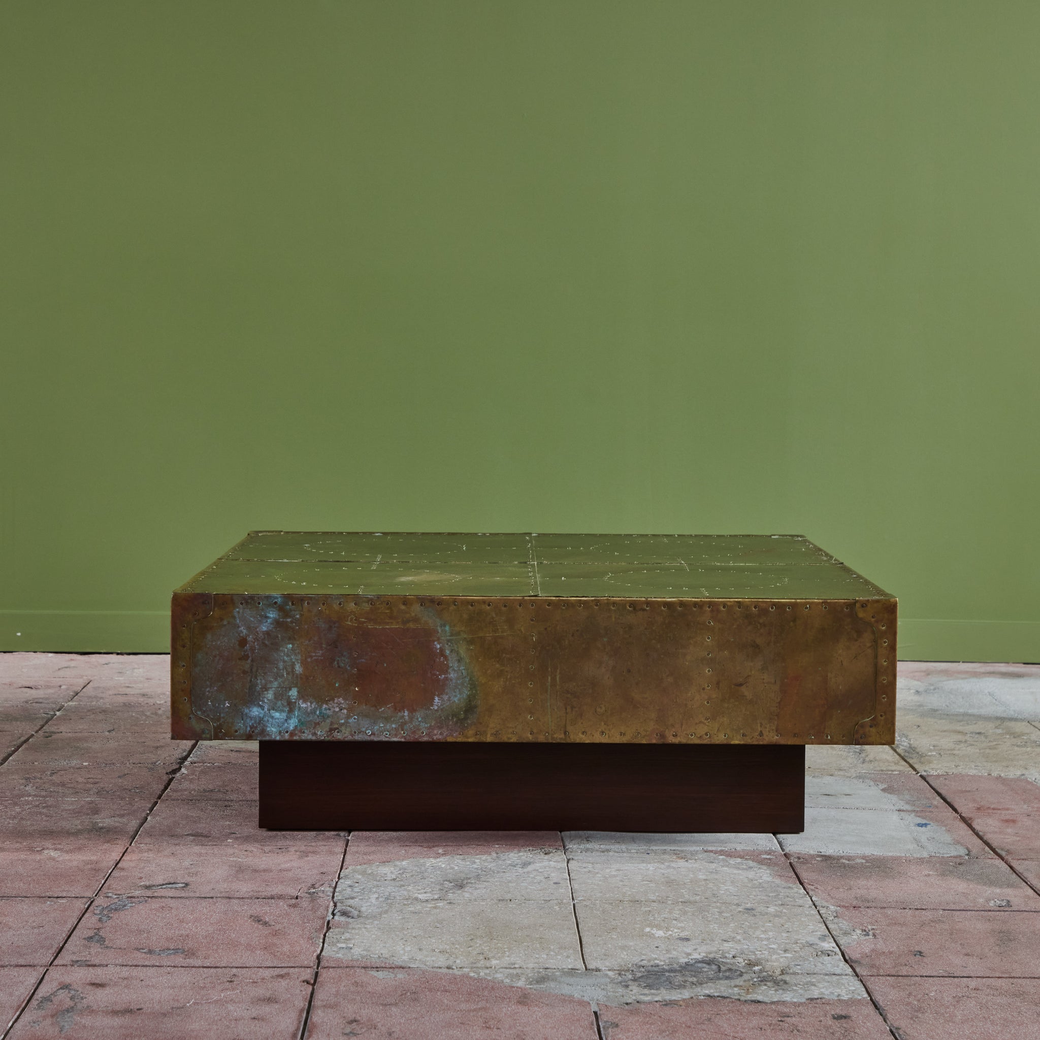 ON HOLD ** Brass Clad Coffee Table on Wood Plinth Base