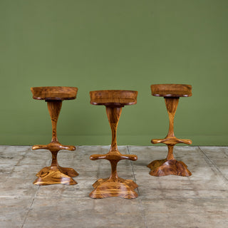 Set of Three Studio Craft Tropical Teak Sculptural Bar Stools