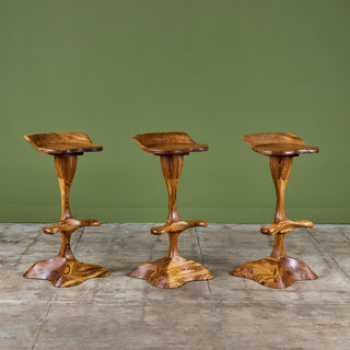 Set of Three Studio Craft Tropical Teak Sculptural Bar Stools