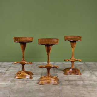 Set of Three Studio Craft Tropical Teak Sculptural Bar Stools