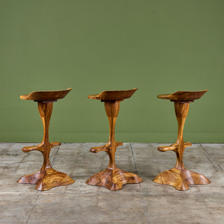 Set of Three Studio Craft Tropical Teak Sculptural Bar Stools