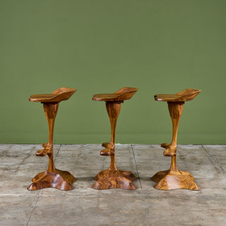 Set of Three Studio Craft Tropical Teak Sculptural Bar Stools