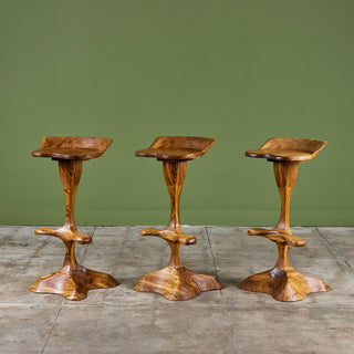 Set of Three Studio Craft Tropical Teak Sculptural Bar Stools