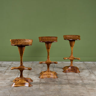 Set of Three Studio Craft Tropical Teak Sculptural Bar Stools