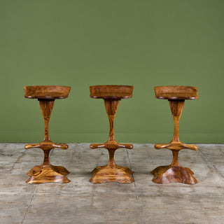Set of Three Studio Craft Tropical Teak Sculptural Bar Stools