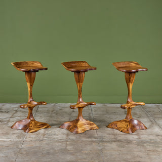 Set of Three Studio Craft Tropical Teak Sculptural Bar Stools