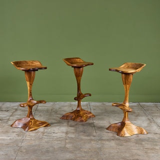 Set of Three Studio Craft Tropical Teak Sculptural Bar Stools