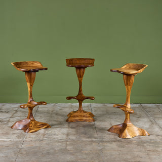 Set of Three Studio Craft Tropical Teak Sculptural Bar Stools