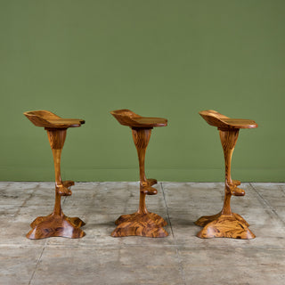 Set of Three Studio Craft Tropical Teak Sculptural Bar Stools