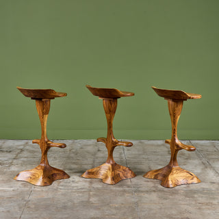 Set of Three Studio Craft Tropical Teak Sculptural Bar Stools