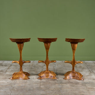 Set of Three Studio Craft Tropical Teak Sculptural Bar Stools