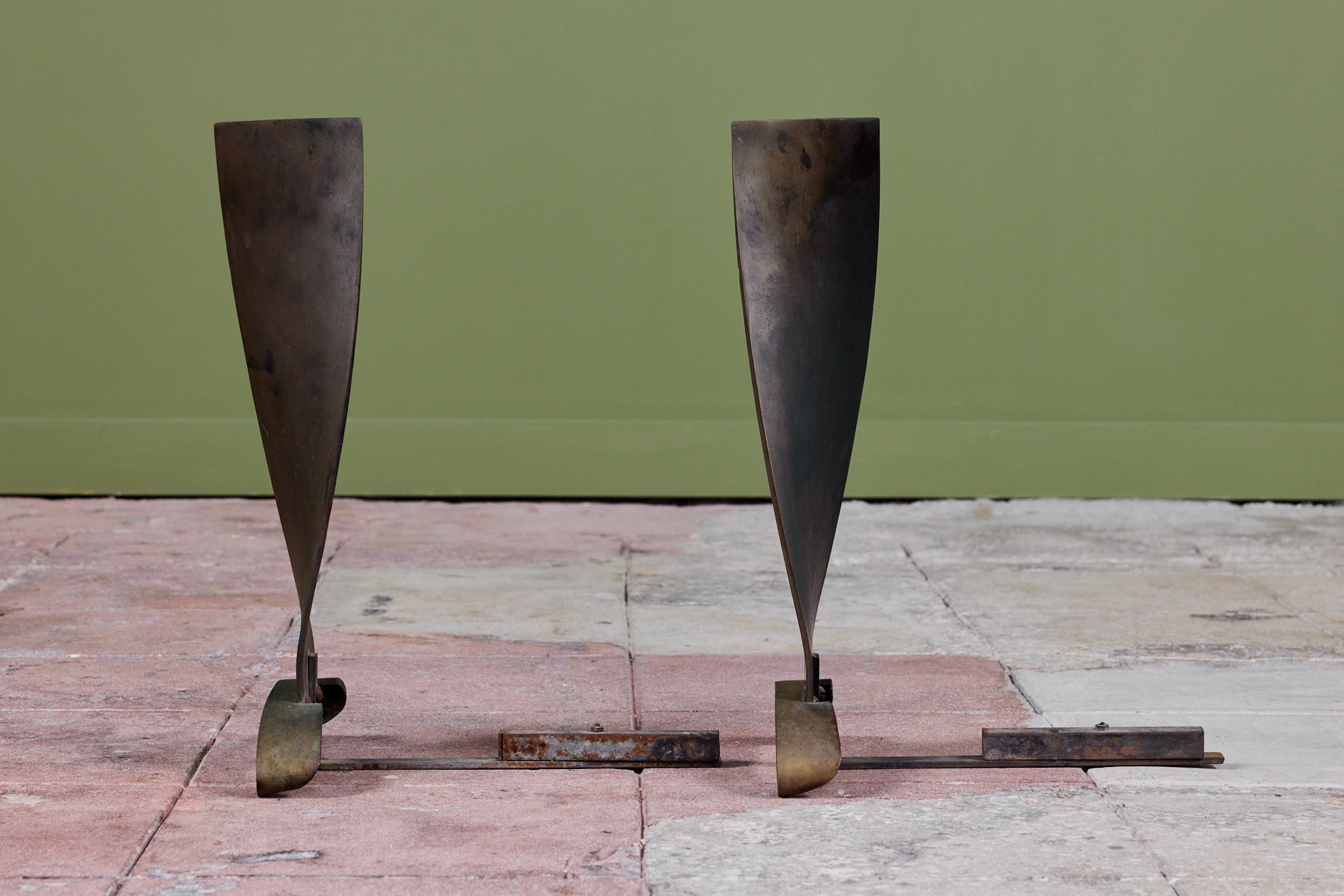 Modernist Twisted Bronze Andirons