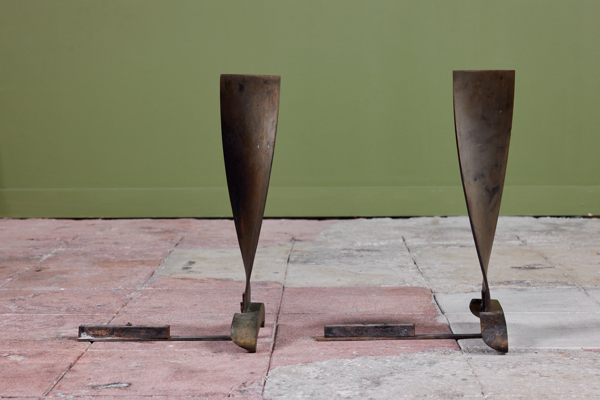 Modernist Twisted Bronze Andirons