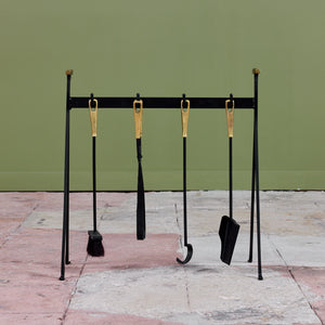 Set of Wrought Iron Fireplace Tools with Brass Detail