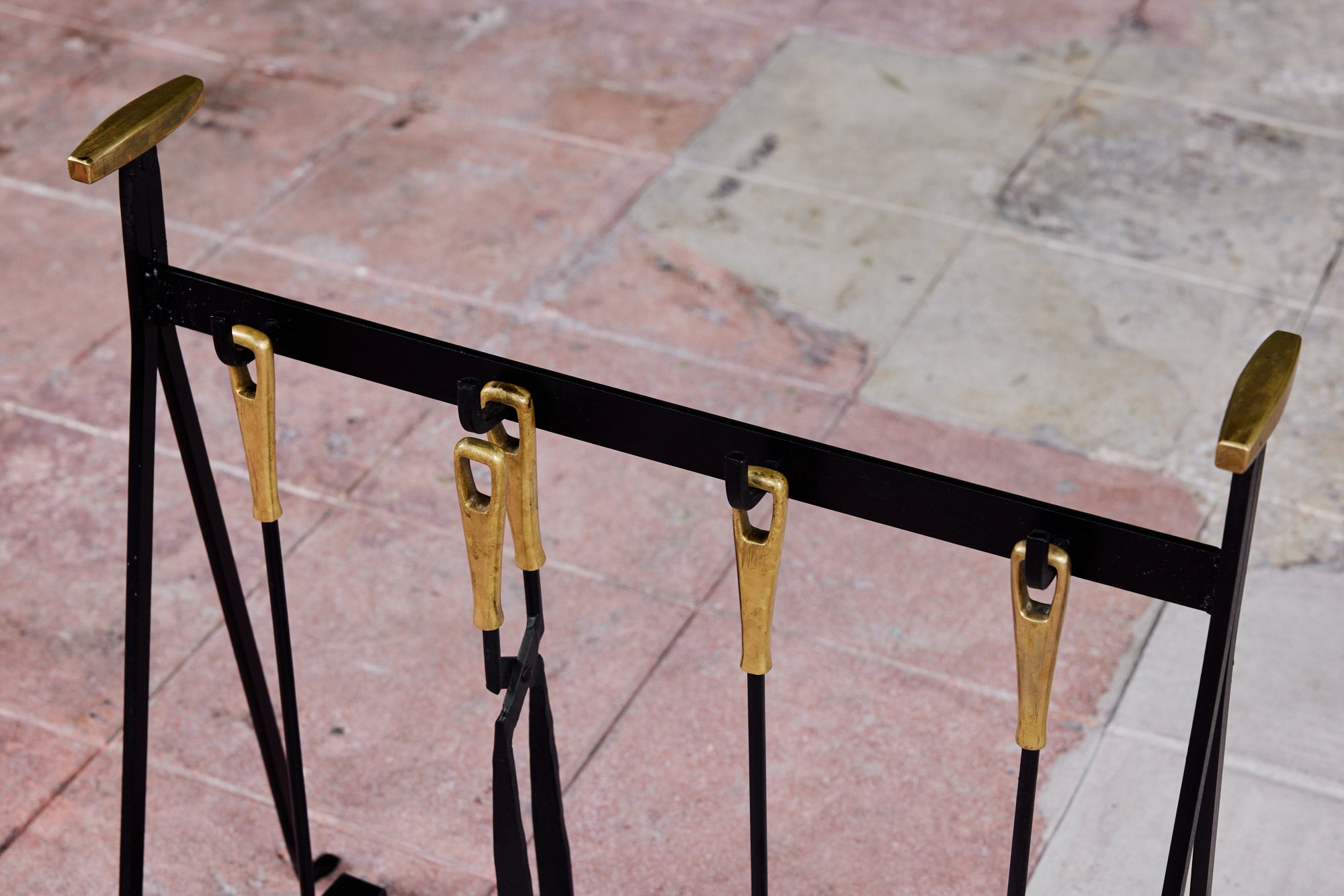 Set of Wrought Iron Fireplace Tools with Brass Detail