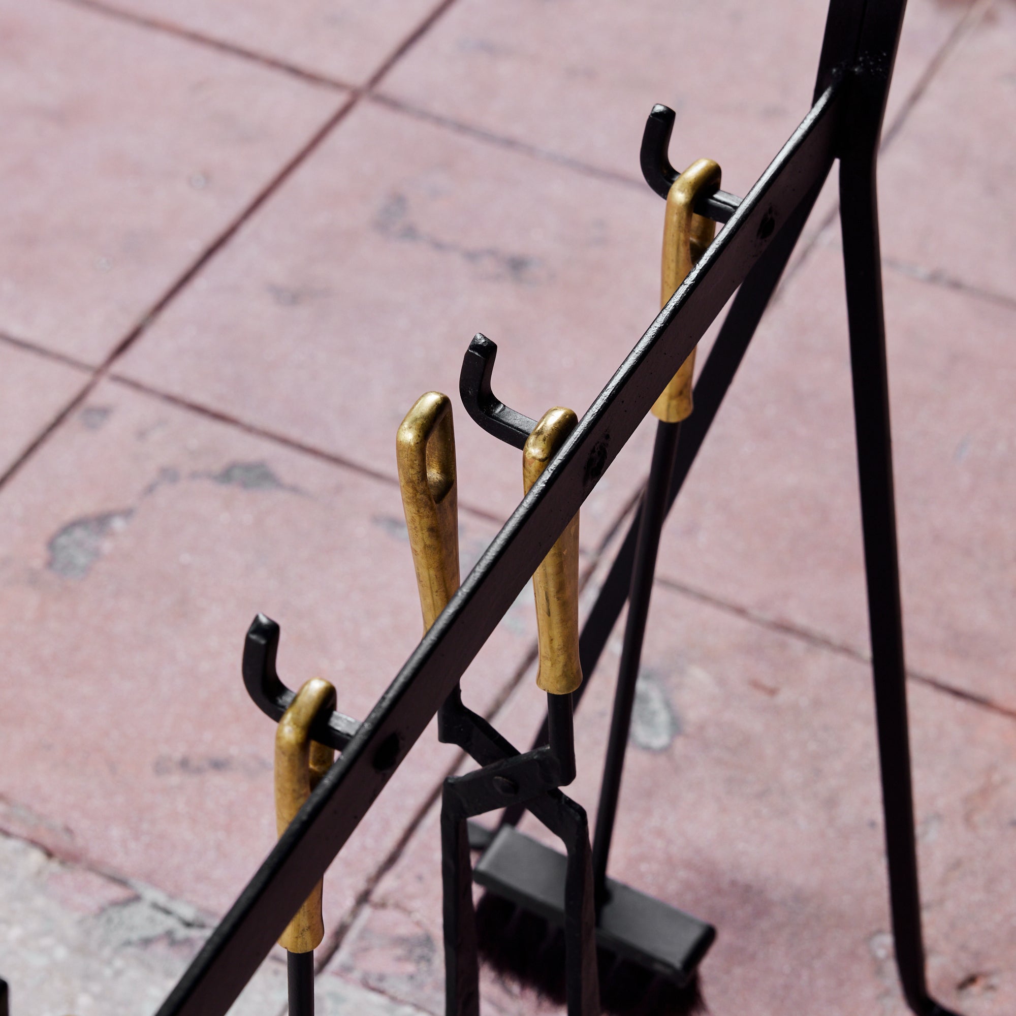 Set of Wrought Iron Fireplace Tools with Brass Detail