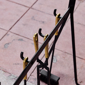 Set of Wrought Iron Fireplace Tools with Brass Detail