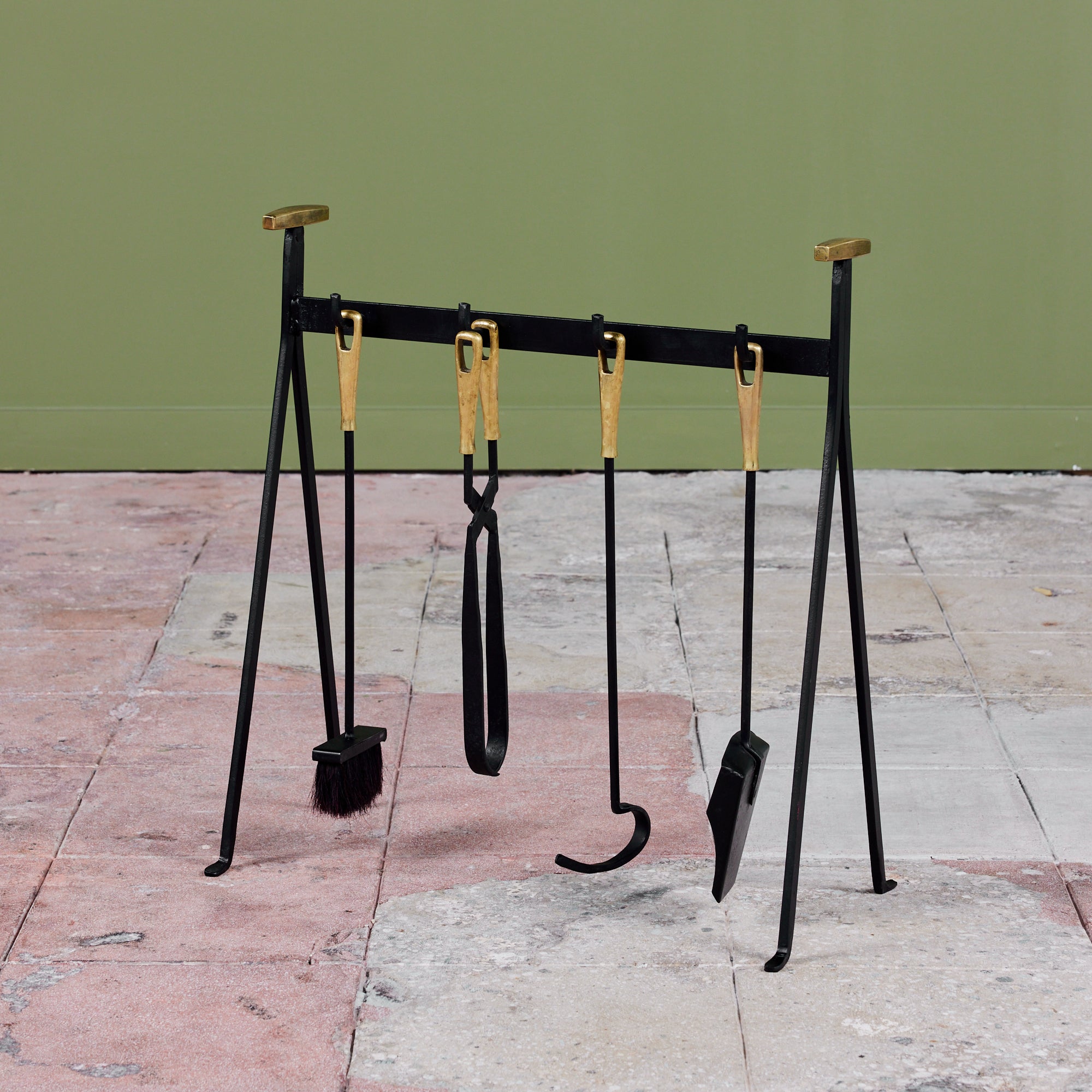 Set of Wrought Iron Fireplace Tools with Brass Detail
